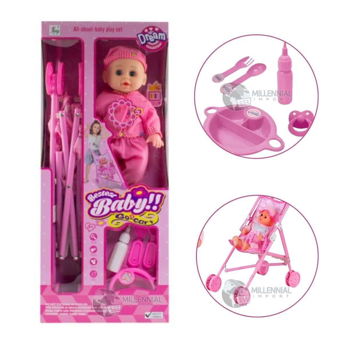 GENERICO - Muñeca de Ojos Parpadeantes con Sonido + Cochecito Plegable + Plato y Cubiertos