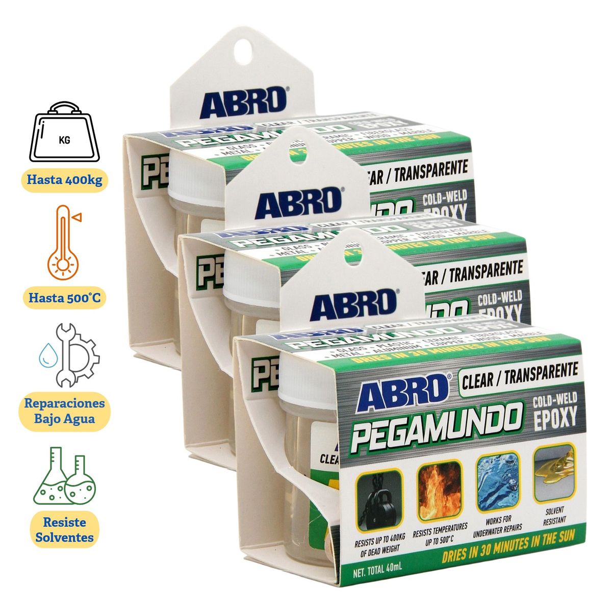 ABRO - ABRO Pegamento Epóxico PegaMundo Transparente 40mL Pack x 3