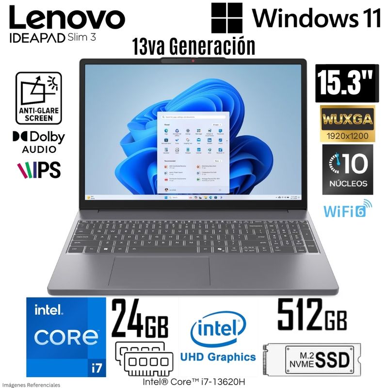 LENOVO - Laptop Lenovo IdeaPad Slim 3 Intel Core i7-13620H 24GB RAM 512GB SSD 15.3"  WUXGA IPS - 83K100KFLM