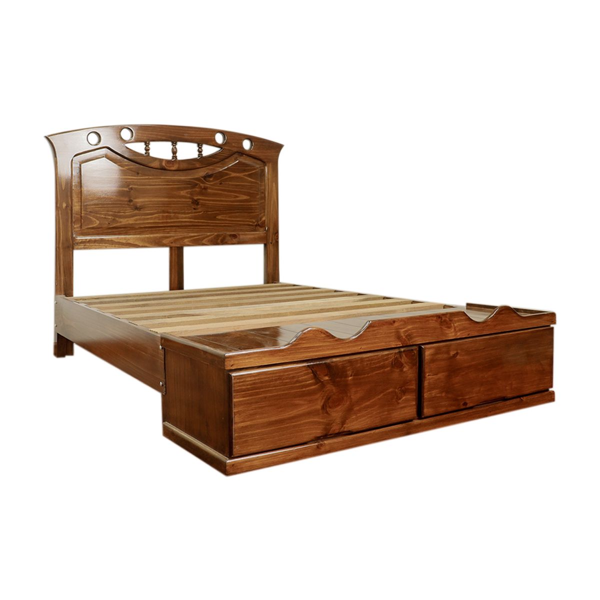 MUEBLES MACRUMO - Cama con Sabanera modelo Sonrisa Torneada - acabado miel -15plz