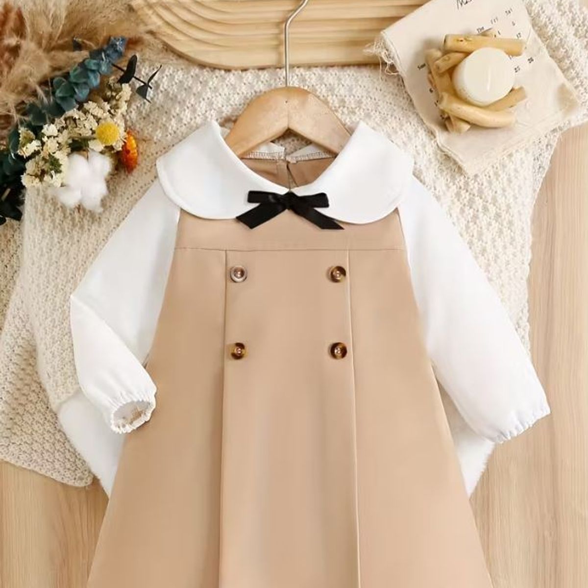 GENERICO - Vestido para niña con cuello blanco y lazo