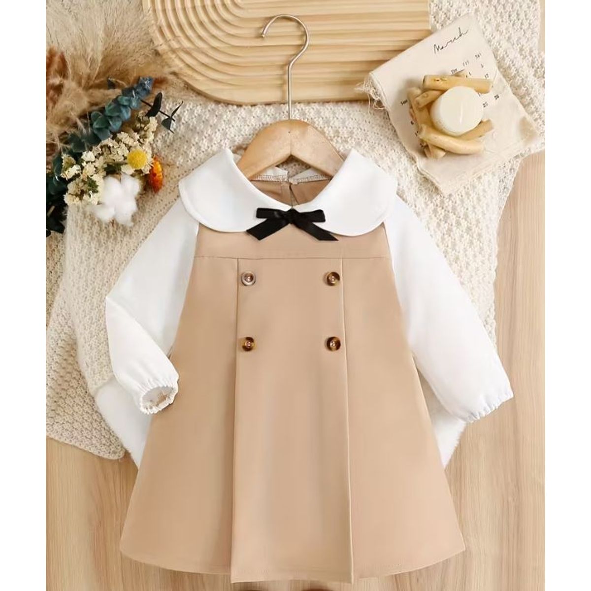 GENERICO - Vestido para niña con cuello blanco y lazo