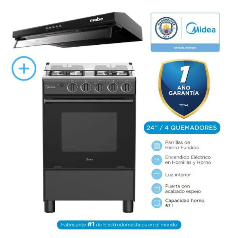 MIDEA - Combo Cocina a Gas Midea MGS24FS2LFABBC Campana CMU6020PB0