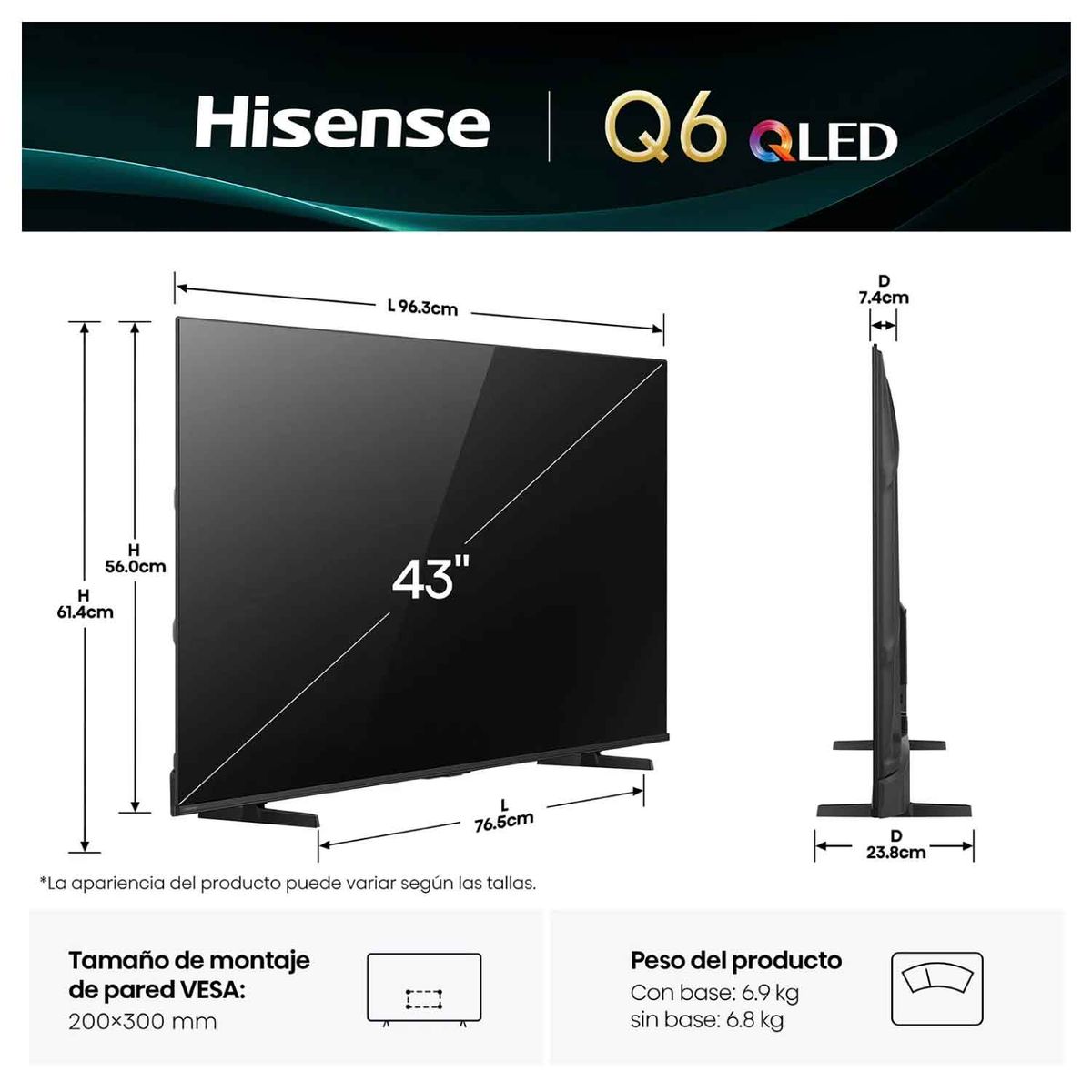 HISENSE - Televisor Hisense Smart TV 43 QLED 4K UHD 43Q6QV