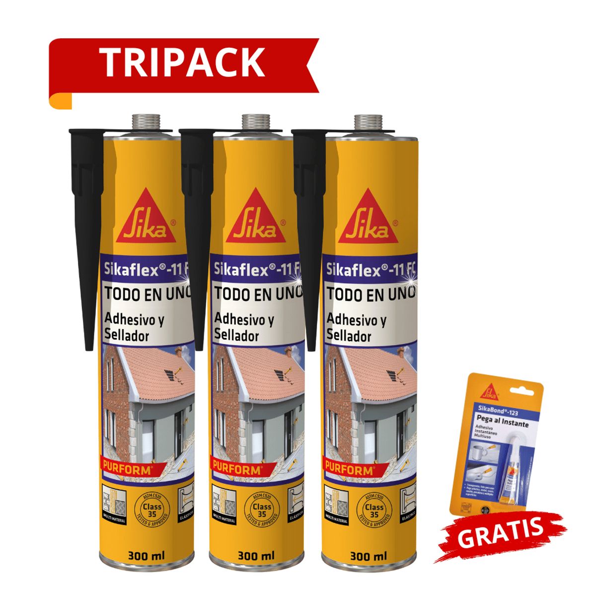 SIKA - Tripack Sikaflex-11 FC Purform Negro x300 ml Gratis Sikabond 123