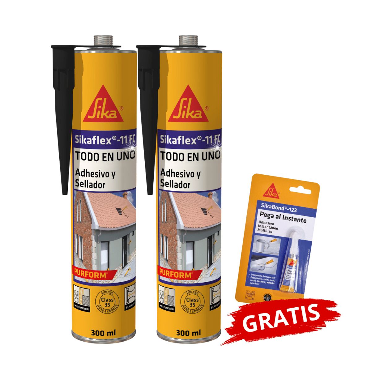 SIKA - Pack2 Adhesivo y Sellante Sikaflex-11 FC Purform Negro x300 ml Gratis Sikabond 123