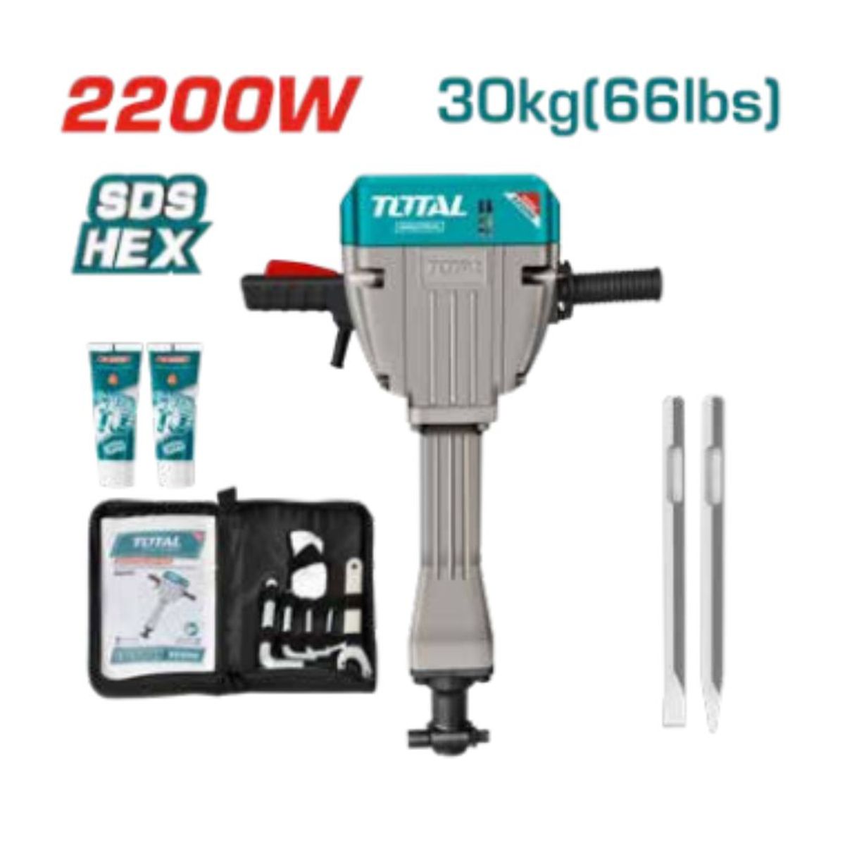 Total Tools - Demoledor HEX 2200W 950BPM 75J 30KG Industrial TOTAL - TH220502