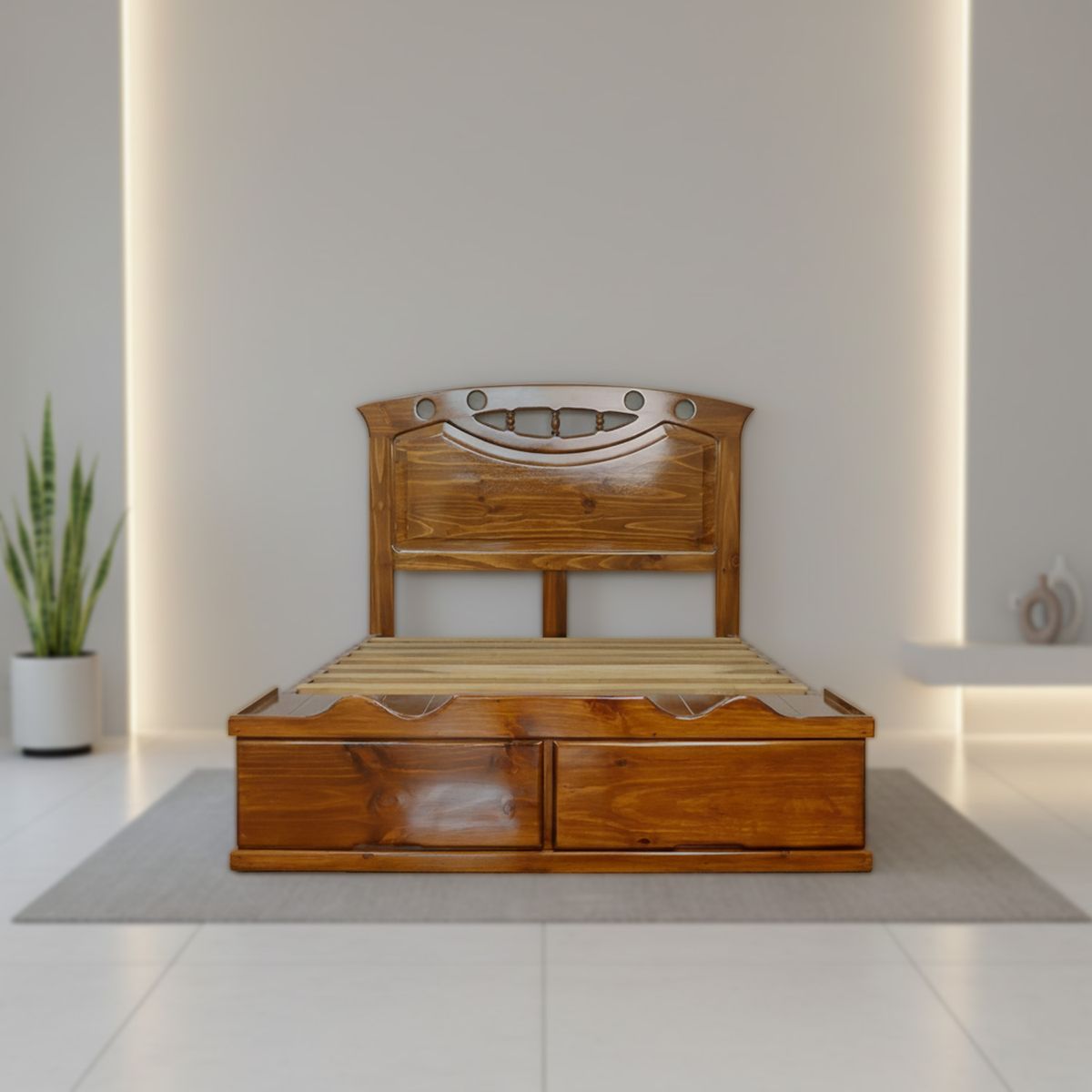 MUEBLES MACRUMO - Cama con Sabanera modelo Sonrisa Torneada - acabado miel -15plz