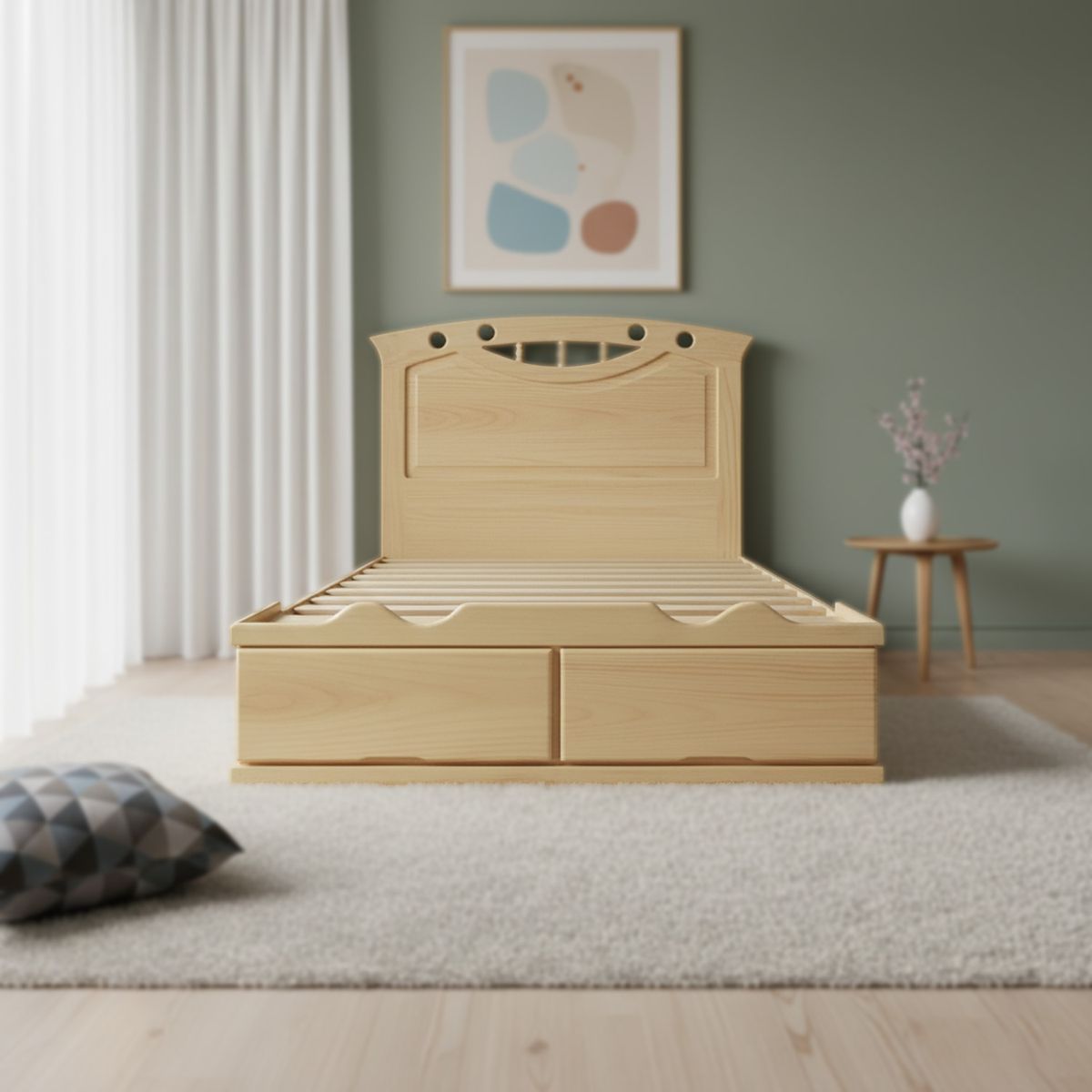 MUEBLES MACRUMO - Cama con Sabanera modelo Sonrisa Torneada - acabado natural -2plz