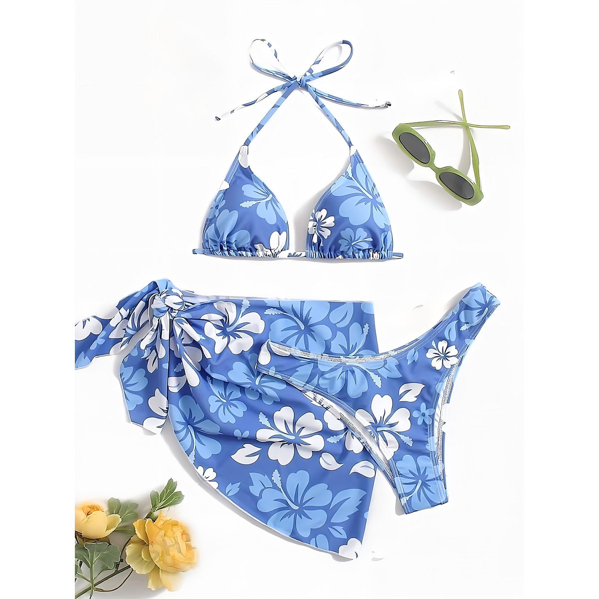 GENERICO - BIKINI AZUL LOLITAS CON PAREO FLOWERS VERANIEGO