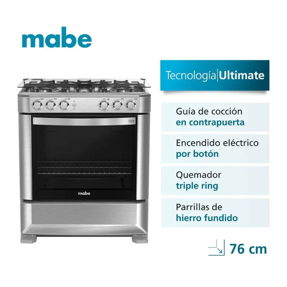 MABE - Cocina de Piso a Gas Inox Mabe - CMP7628FX0 - 5 Hornillas