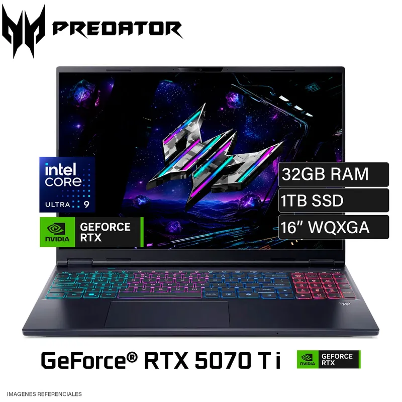 ACER - Laptop Acer Predator Helios Neo 16S AI OLED Core Ultra 9 275HX, RTX 5070 TI 12GB, 32GB RAM, 1TB SSD