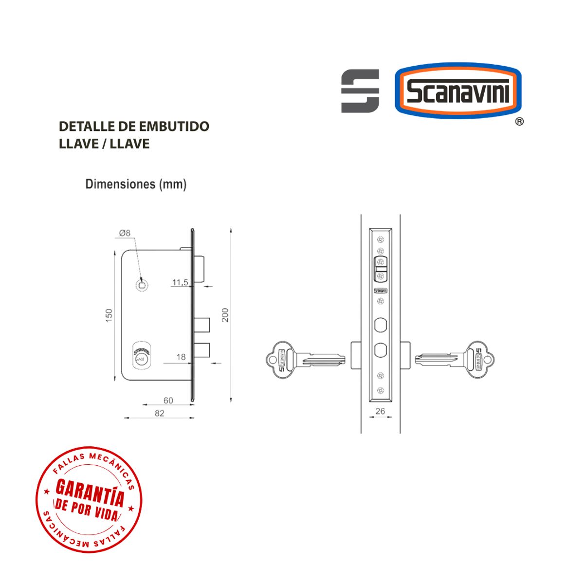 SCANAVINI - Cerradura de embutir principal 960RR Ace Inox manilla DERECHA