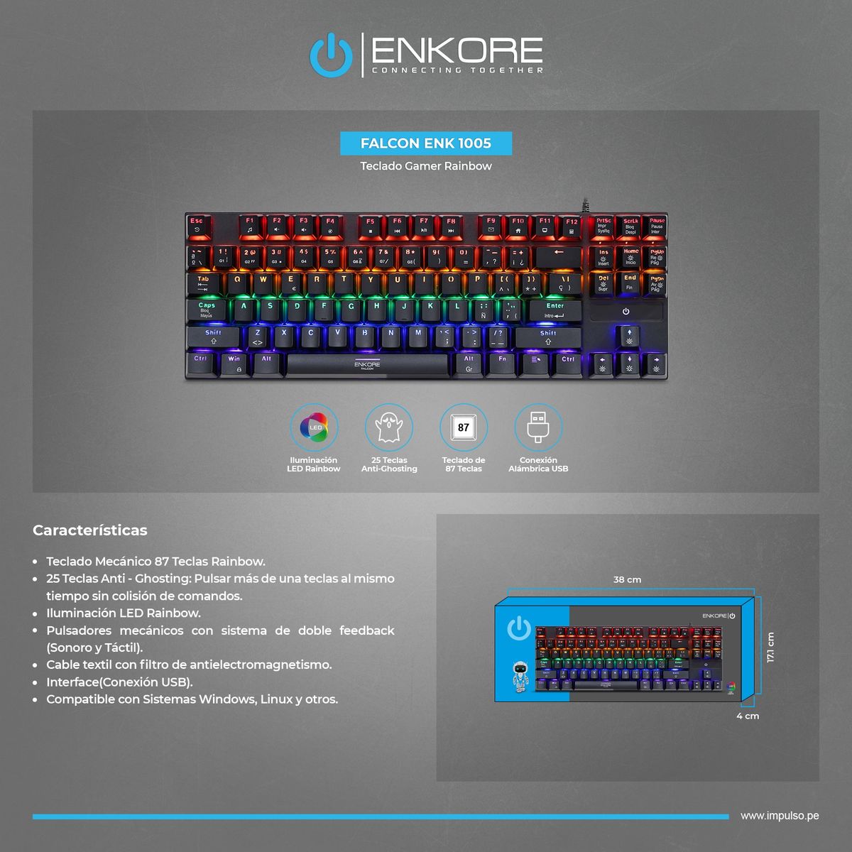 ENKORE - TECLADO GAMER MECANICO 80% SWITCH ROJO ENKORE
