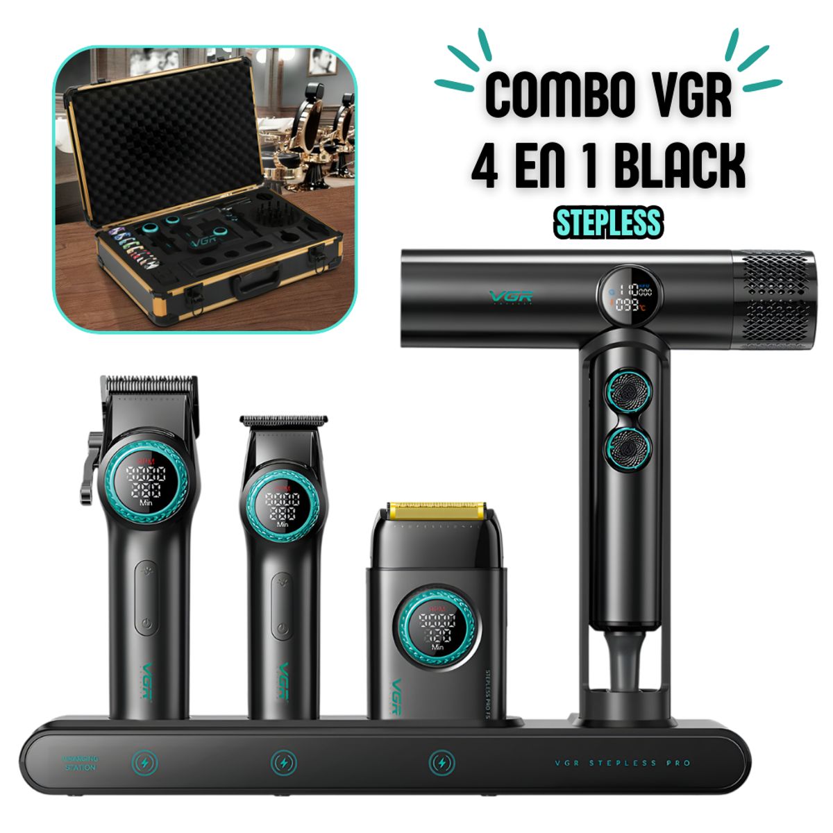 GENERICO - Combo VGR 4 en 1 Clipper + Trimmer + Shaver + Secadora – STEPLESS