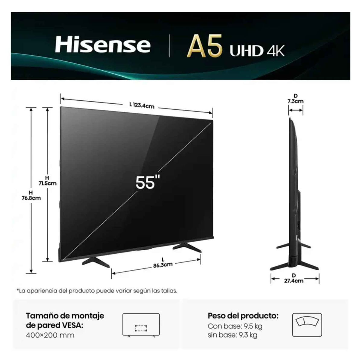 HISENSE - Televisor Hisense Led 55 Smart UHD 4K VIDAA 55A5NV 2025