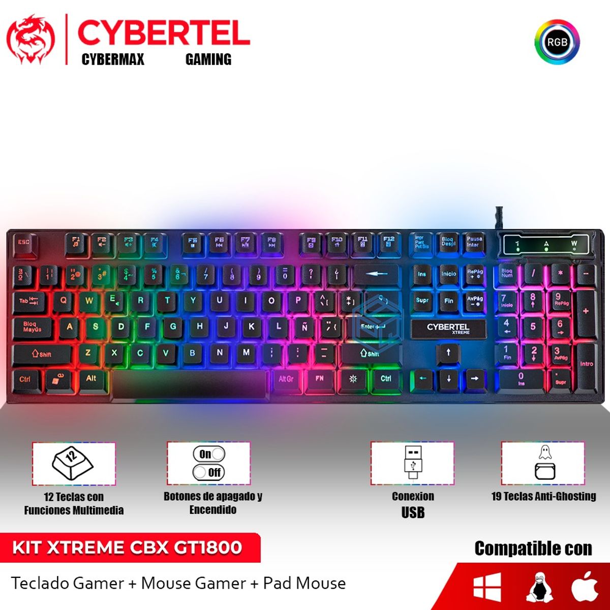 CYBERTEL - Kit Gamer 3 En 1 Cybertel Xtreme :Teclado + Mouse+ Pad Mouse