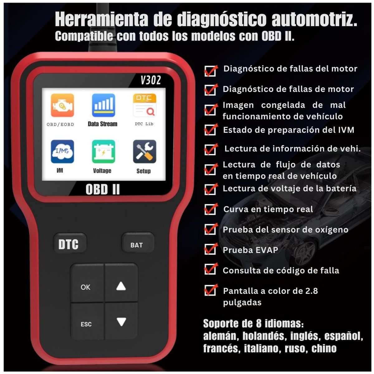 SEISA - Scanner OBD2 V302 con Pantalla a Color Diagnóstico Completo