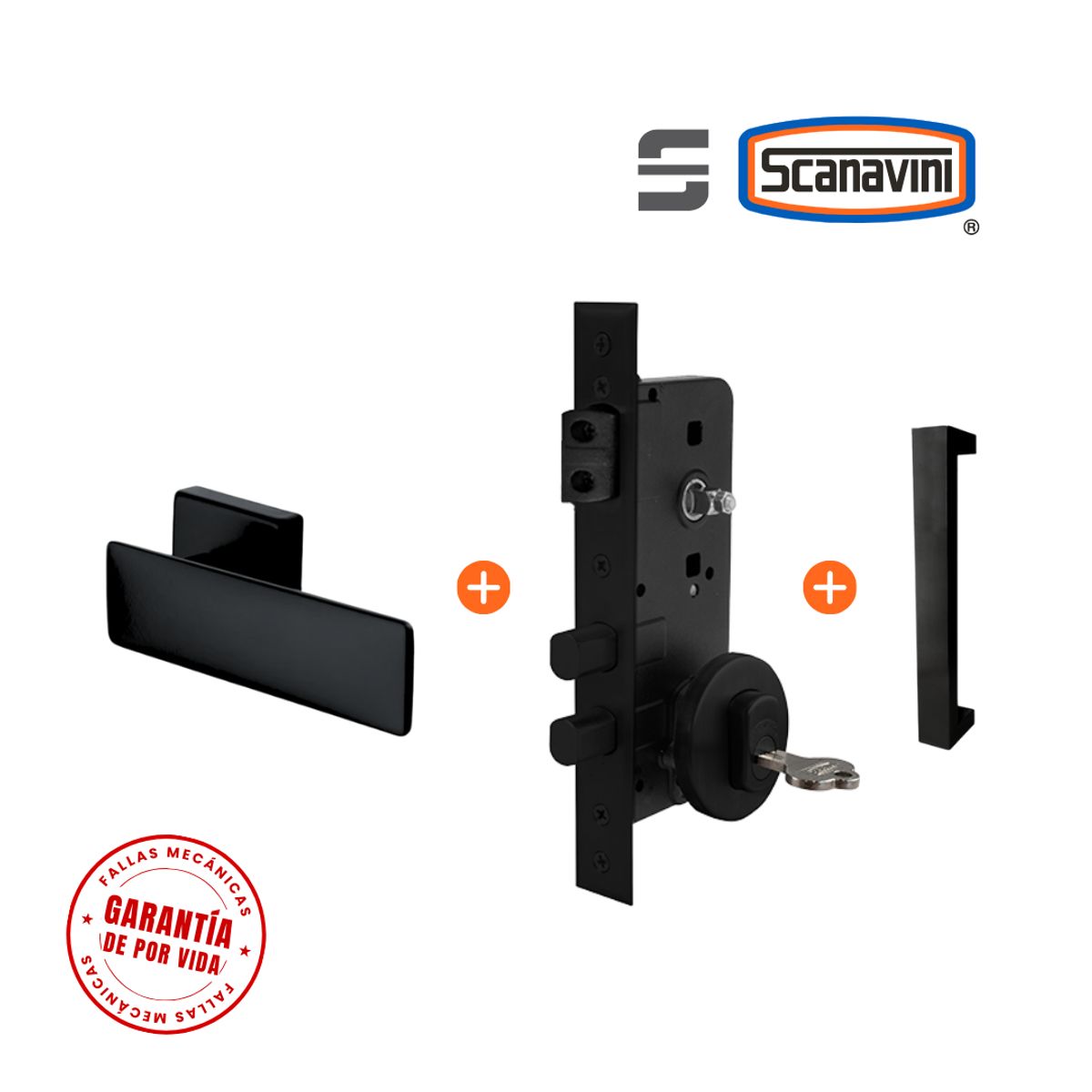 SCANAVINI - Cerradura de embutir principal SQ negro manilla IZQUIERDA y tirador exterior rectangular