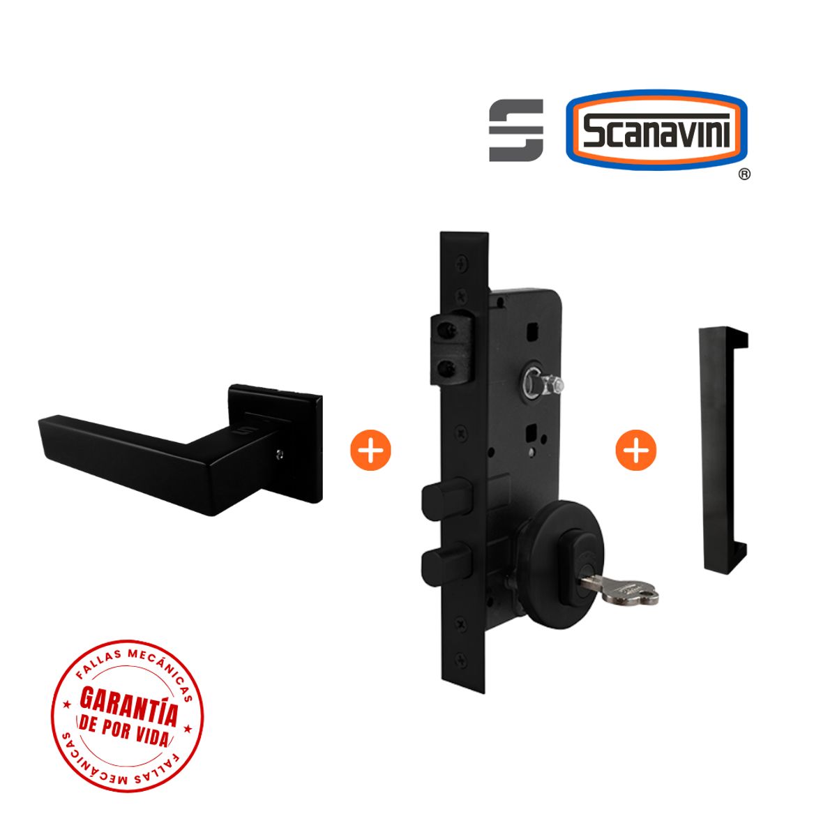 SCANAVINI - Cerradura de embutir principal JQ negro manilla IZQUIERDA y tirador exterior rectangular
