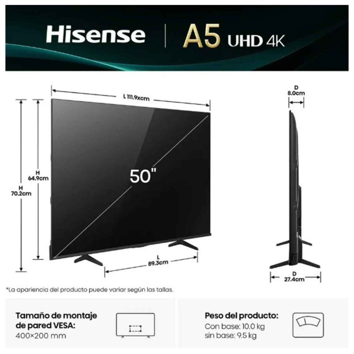 HISENSE - Televisor Hisense Led 50 Smart UHD 4K VIDAA 50A5NV 2025
