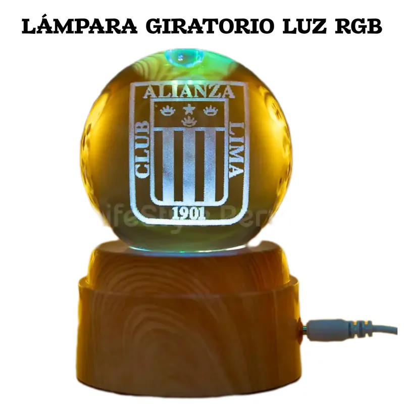 GENERICO - Lampara Esfera Cristal Alianza Lima Giratorio + Led RGB - 8 cm