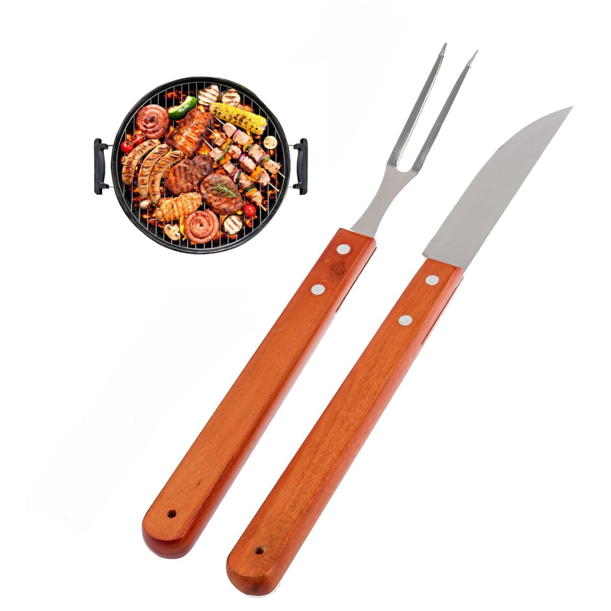GENERICO - SET CUCHILLO Y TENEDOR UTENSILIOS PARRILLA BBQ MANGO MADERA