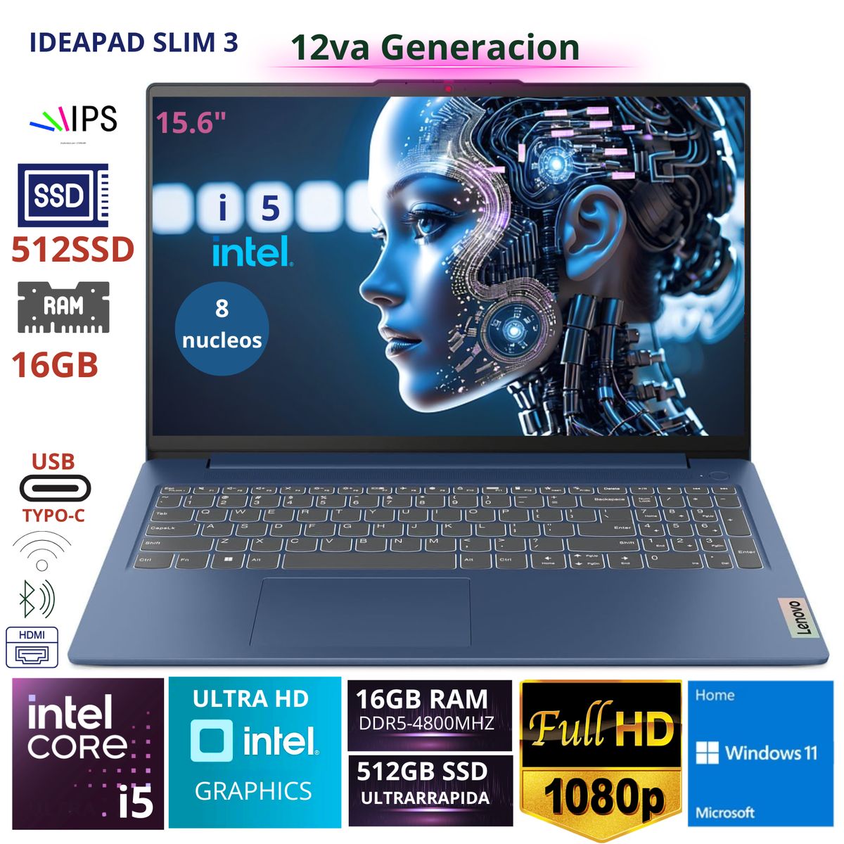 LENOVO - Laptop Lenovo IdeaPad Slim 3 15.6" FHD TN, Core i5-12450H, 12va Gen, Ram 16GB, SSD 512GB windows