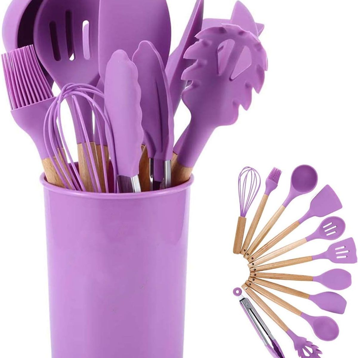 GENERICO - SET UTENSILIOS DE COCINA 12 PIEZAS SILICONA Y MADERA COCINA REPOSTERIA