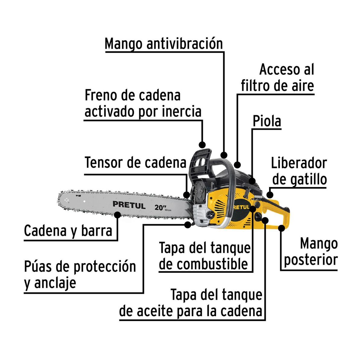 PRETUL - Motosierra 52 cc a gasolina 20" Pretul