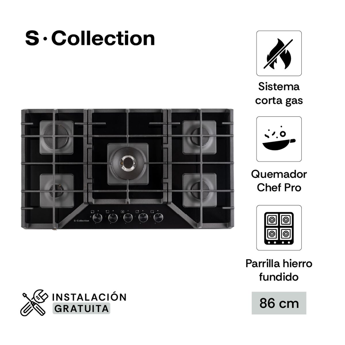 SCOLLECTION - Encimera Vidrio Templado A Gas 90 Cm S-Collection 5 Hornillas