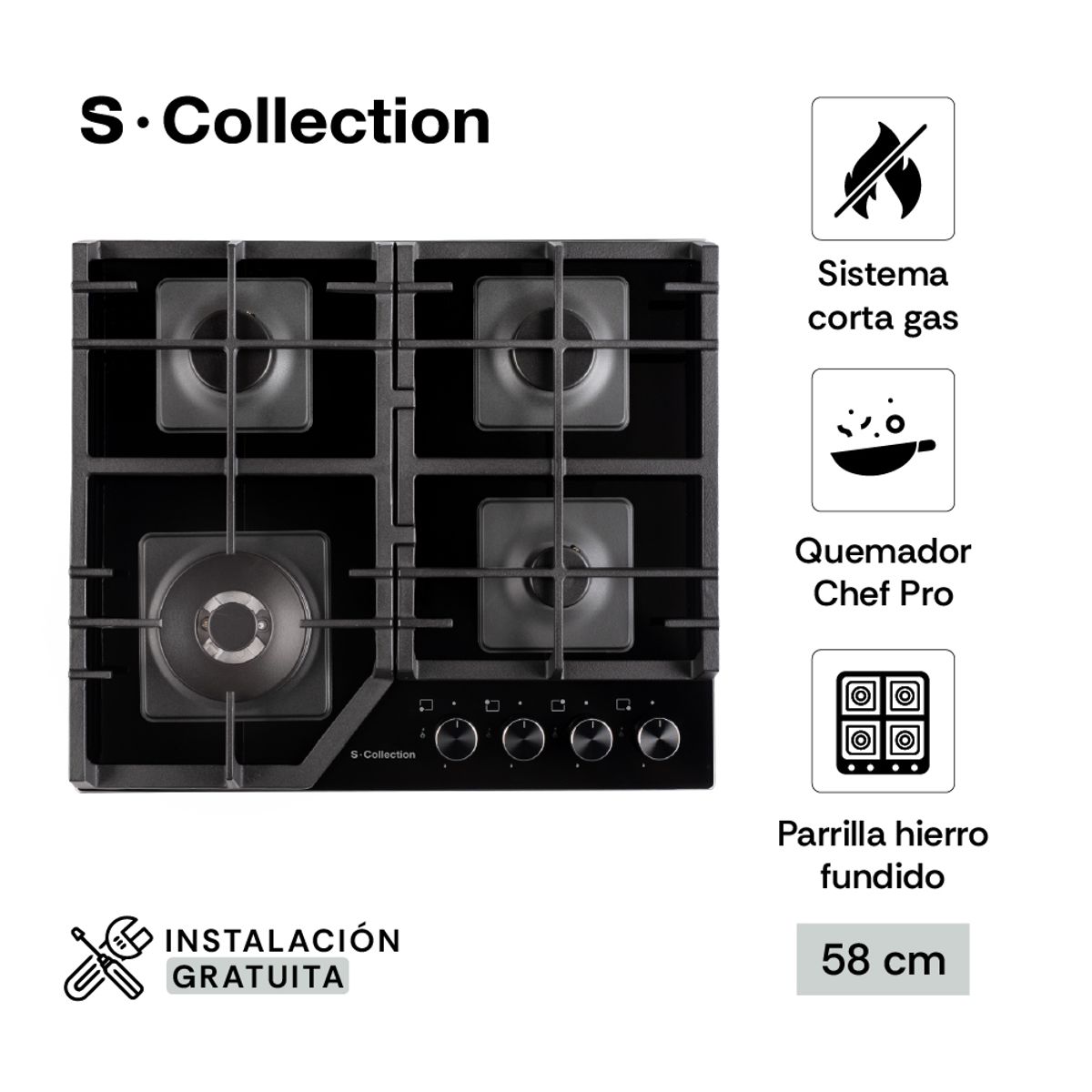 SOLE - Encimera Scollection Vidrio Templado A Gas 58Cm 4 Hornillas