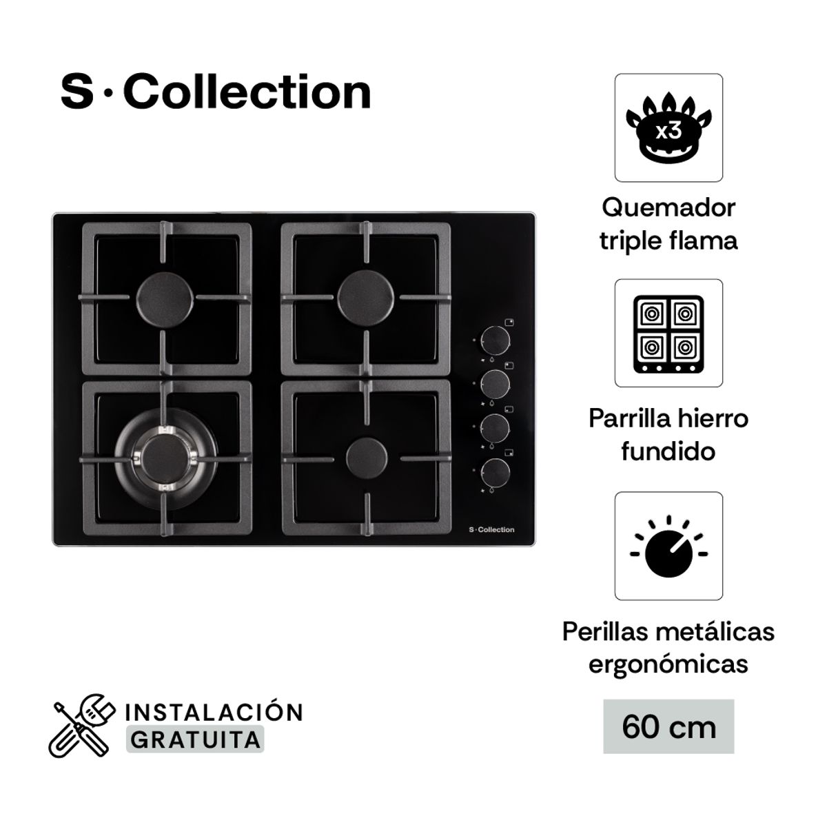 SOLE - Encimera Scollection Black Glass A Gas 60cm