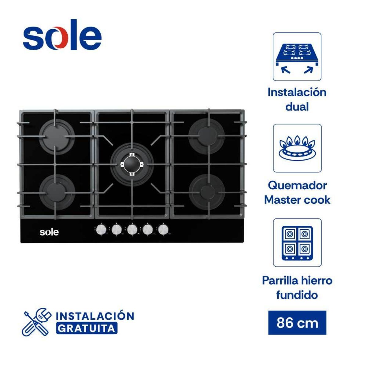 SOLE - Encimera de Vidrio Templado Sole 86 Cm 5 Hornillas