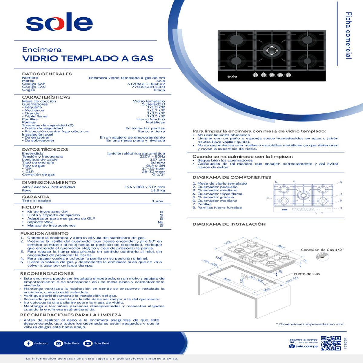SOLE - Encimera de Vidrio Templado Sole 86 Cm 5 Hornillas