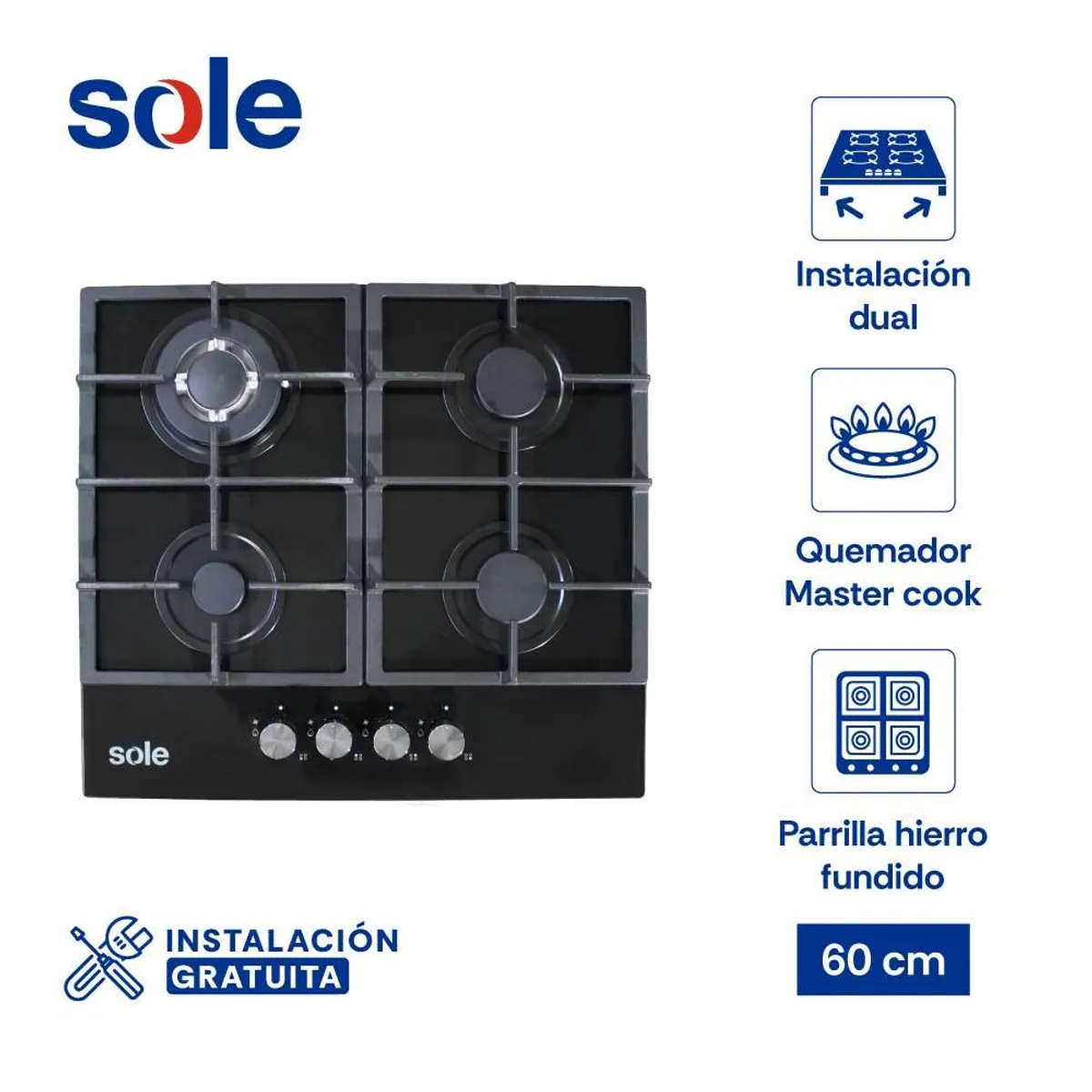 SOLE - Encimera de Vidrio Templado Sole 60 Cm 4 Hornillas