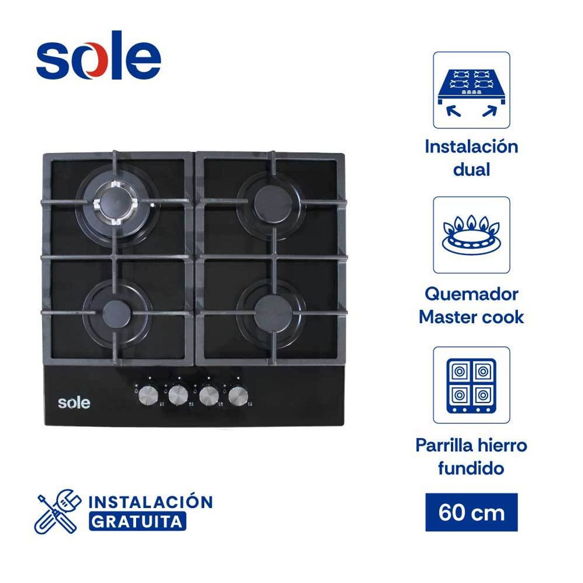 SOLE - Encimera de Vidrio Templado Sole 60 Cm 4 Hornillas