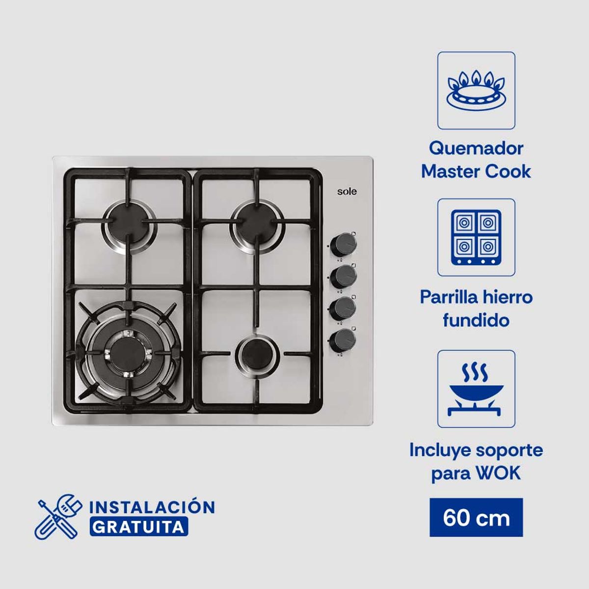 SOLE - Encimera de Acero Inoxidable Sole 58 Cm cWok 4Hornillas