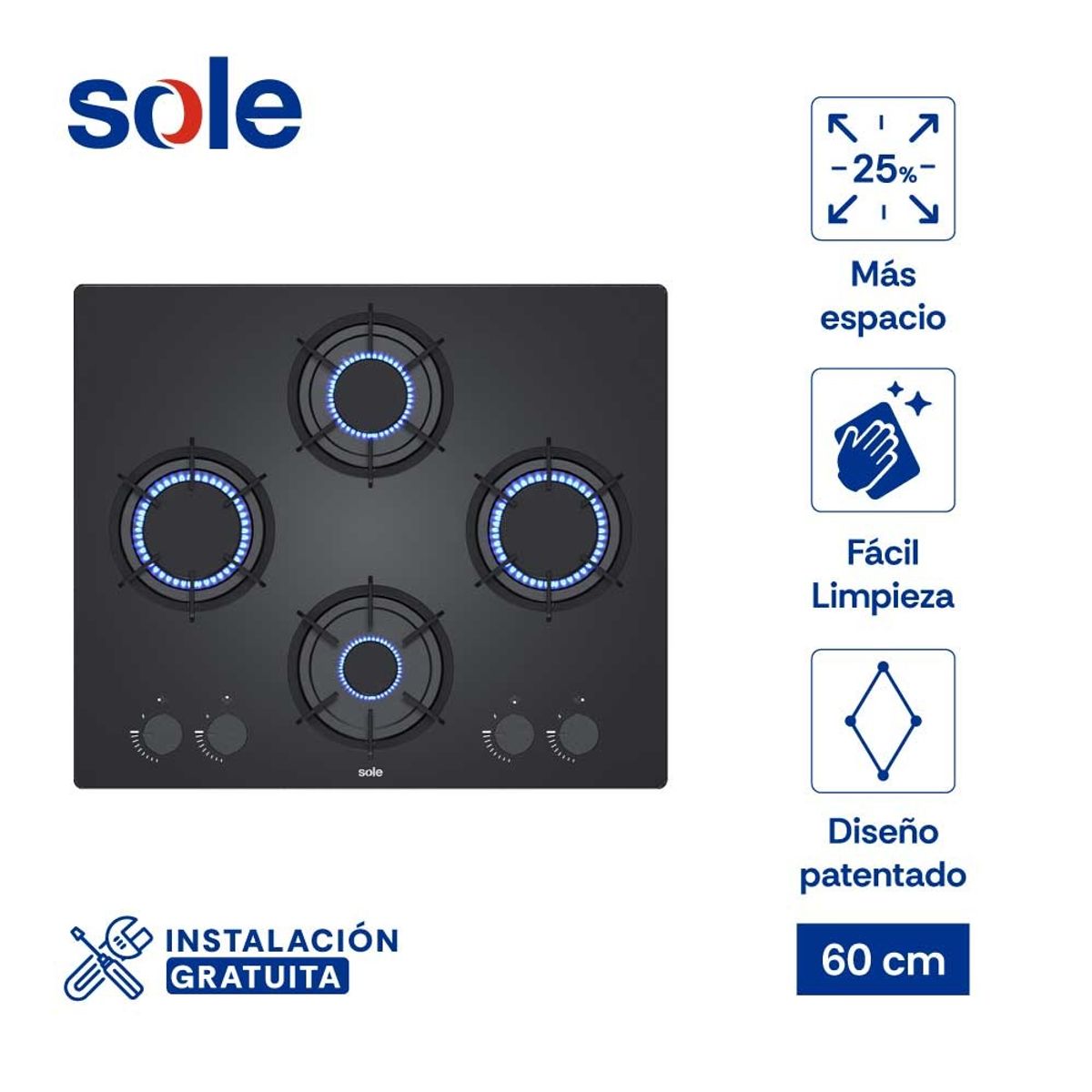 SOLE - Encimera Rubi Vidrio Templado Gas 60 cm 4 Hornillas
