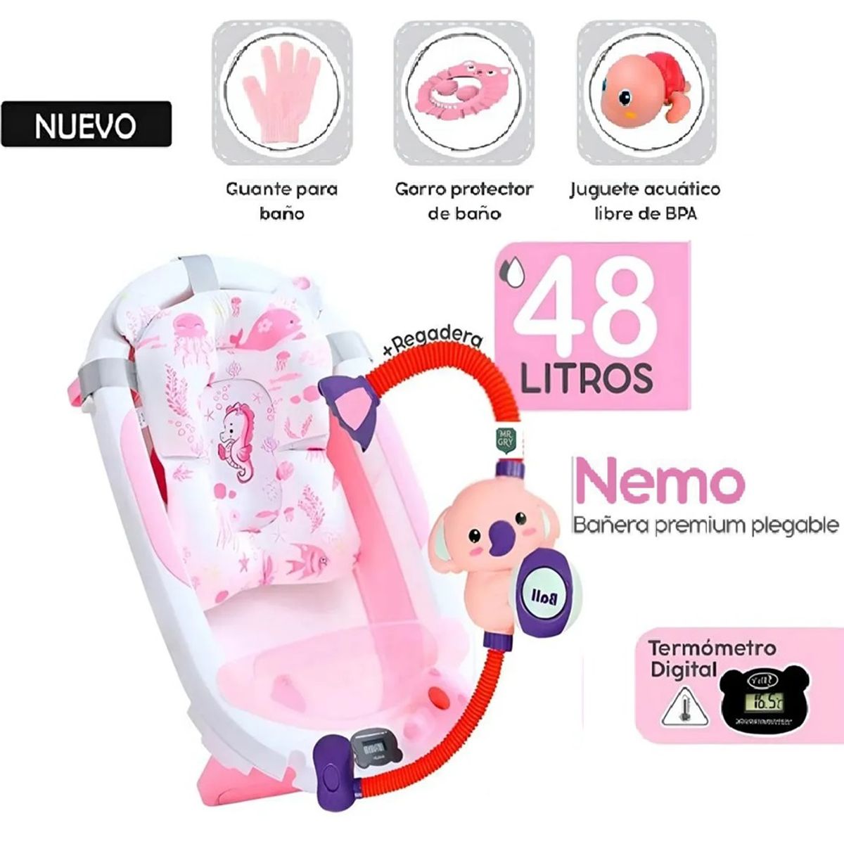 GENERICO - Nueva Bañera plegable Nemo con Termómetro Rosado