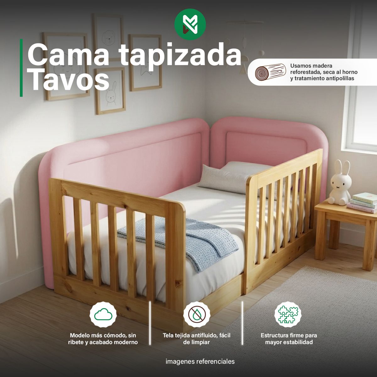 MUEBLES MACRUMO - Cama tapizada Tavos Rosado 15plz