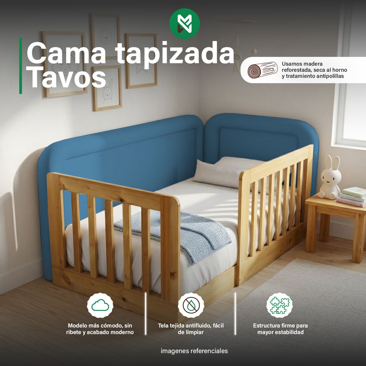 MUEBLES MACRUMO - Cama tapizada Tavos Azul Queen