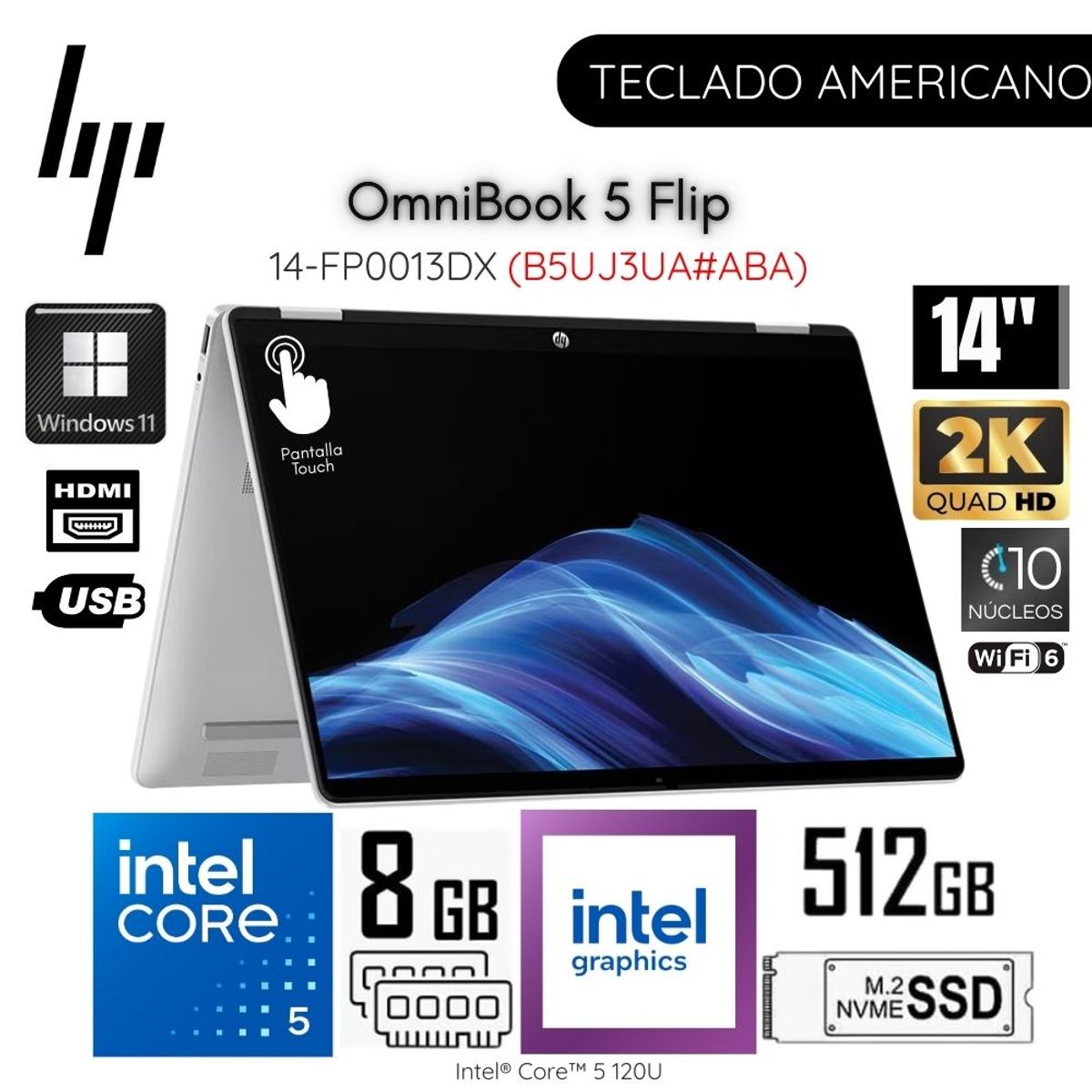 HP - Laptop HP OmniBook 5 Flip 14-FP0013DX Intel Core 5 120U 8GB RAM 512GB SSD 14" 2K Touch - Silver