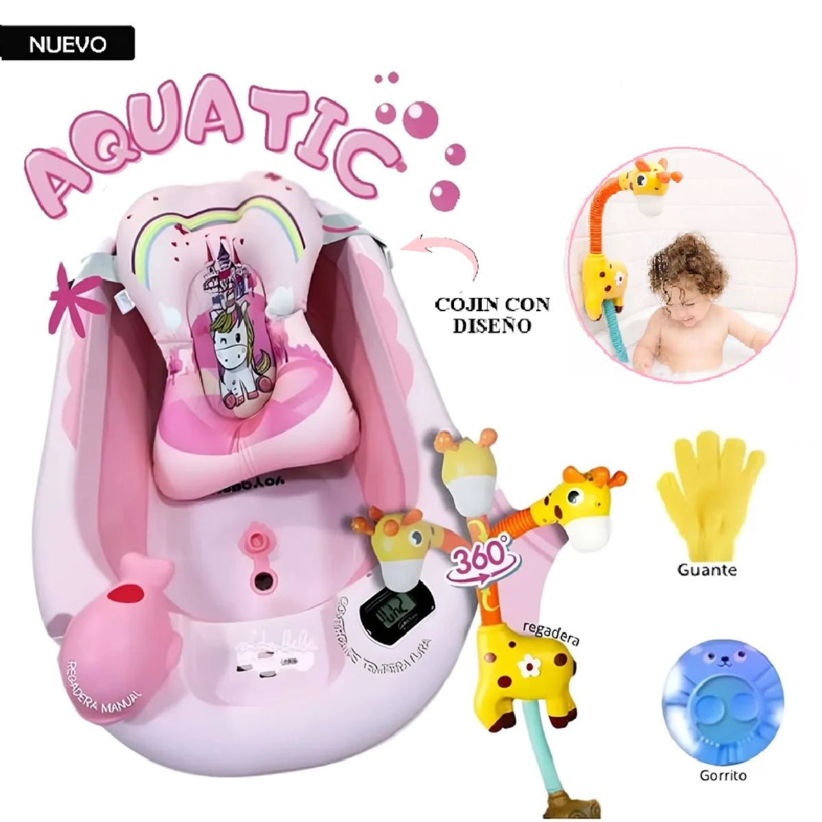 GENERICO - Tina Bañera Plegable AQUATIC Con Termómetro Rosado