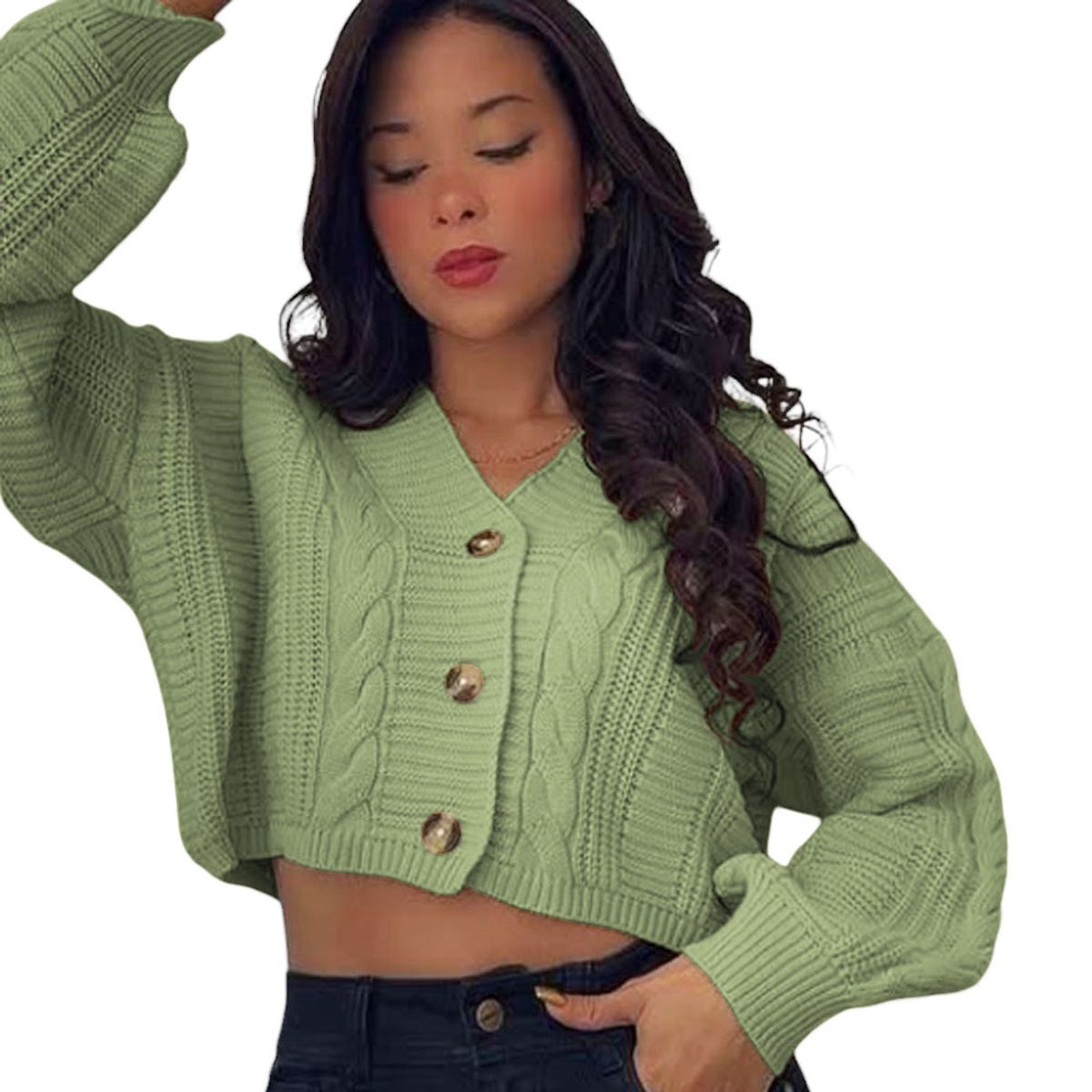 GENERICO - Chompa Mujer Hilo Trensa 359G-23 Color Verde