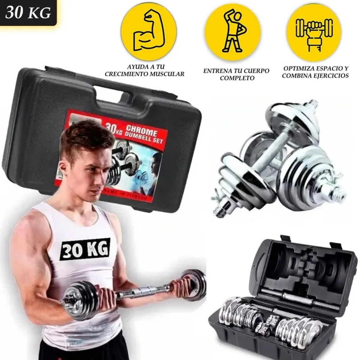 OEM - Juego de Mancuernas 30KG Metal Ajustables Pesas Cromadas Maletín
