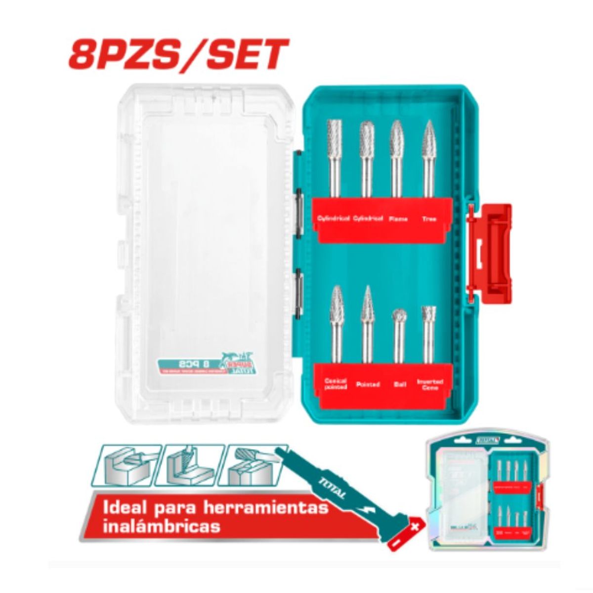 TOTAL TOOLS - Set Fresas de Carburo de Tungsteno 8PCS 6MM + Estuche - TACSDL10801