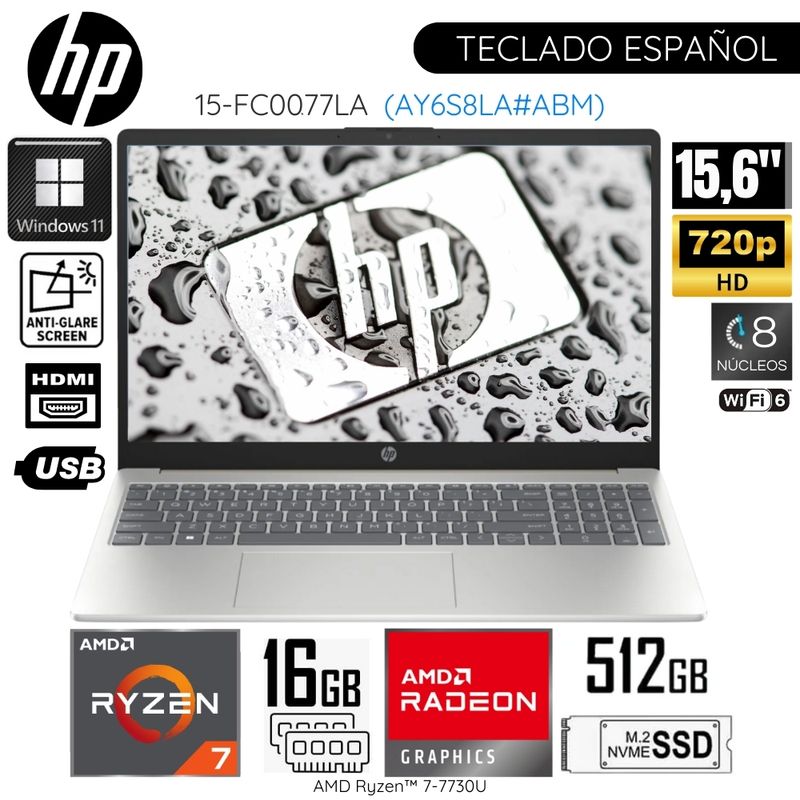 HP - Laptop HP 15-FC0077LA AMD Ryzen 7 7730U 16GB RAM 512GB SSD 15.6"  HD Win 11 Home