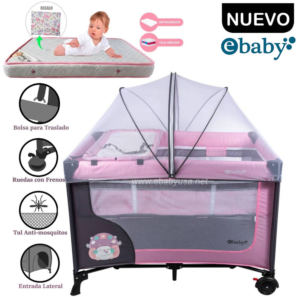 EBABY - Cuna Corral Ebaby Con Cambiador Happy Dream Rosado+Colchón