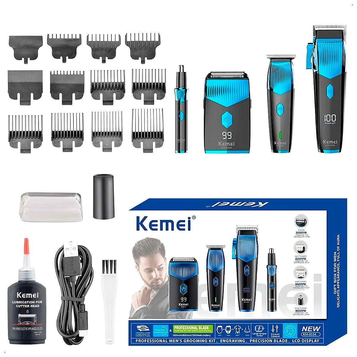 KEMEI - Combo 4 En 1 Cortadora De Pelo Kemei KM-8534 Recargable